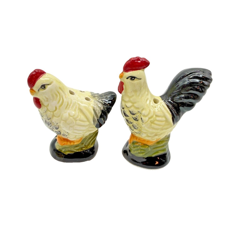 Vintage Ceramic Rooster & Hen Salt & Pepper Shakers Cream & Black Farmhouse